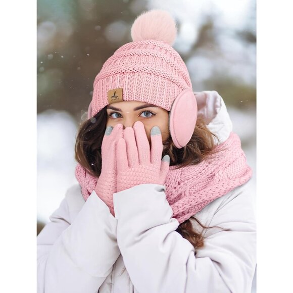 Women pink Knit Beanie Hat, Gloves, Scarf & Ear Warmer Set - Winter - Picture 6 of 7